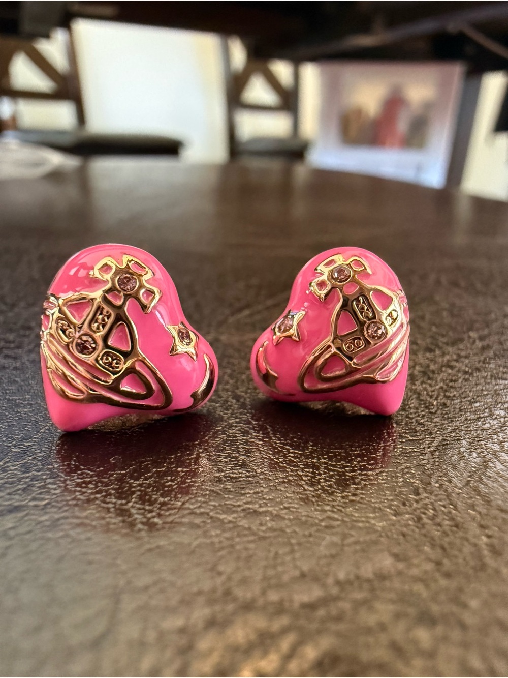 Pink Heart Enamel Stud Earrings with Gold Accents